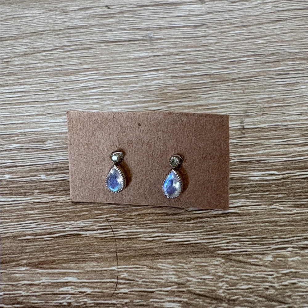 Teardrop Moonstone Silver Stud Earrings - Picture 2 of 7
